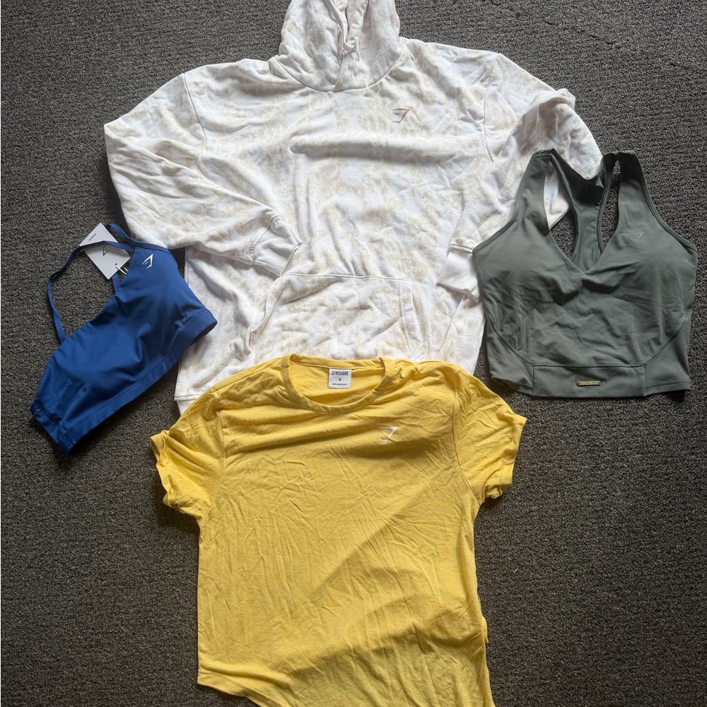 Gymshark White Hoodie, Yellow T-Shirt 2 bra  Set medium
